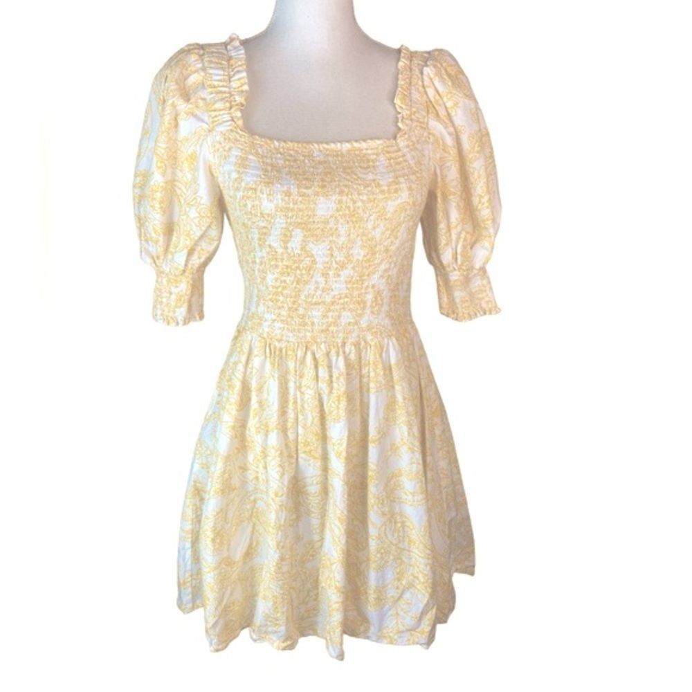 1. State Wm’s Sz Lrg Yellow White Puff Sleeve Square Neck Mock Chest Mini Dress - Picture 2 of 7